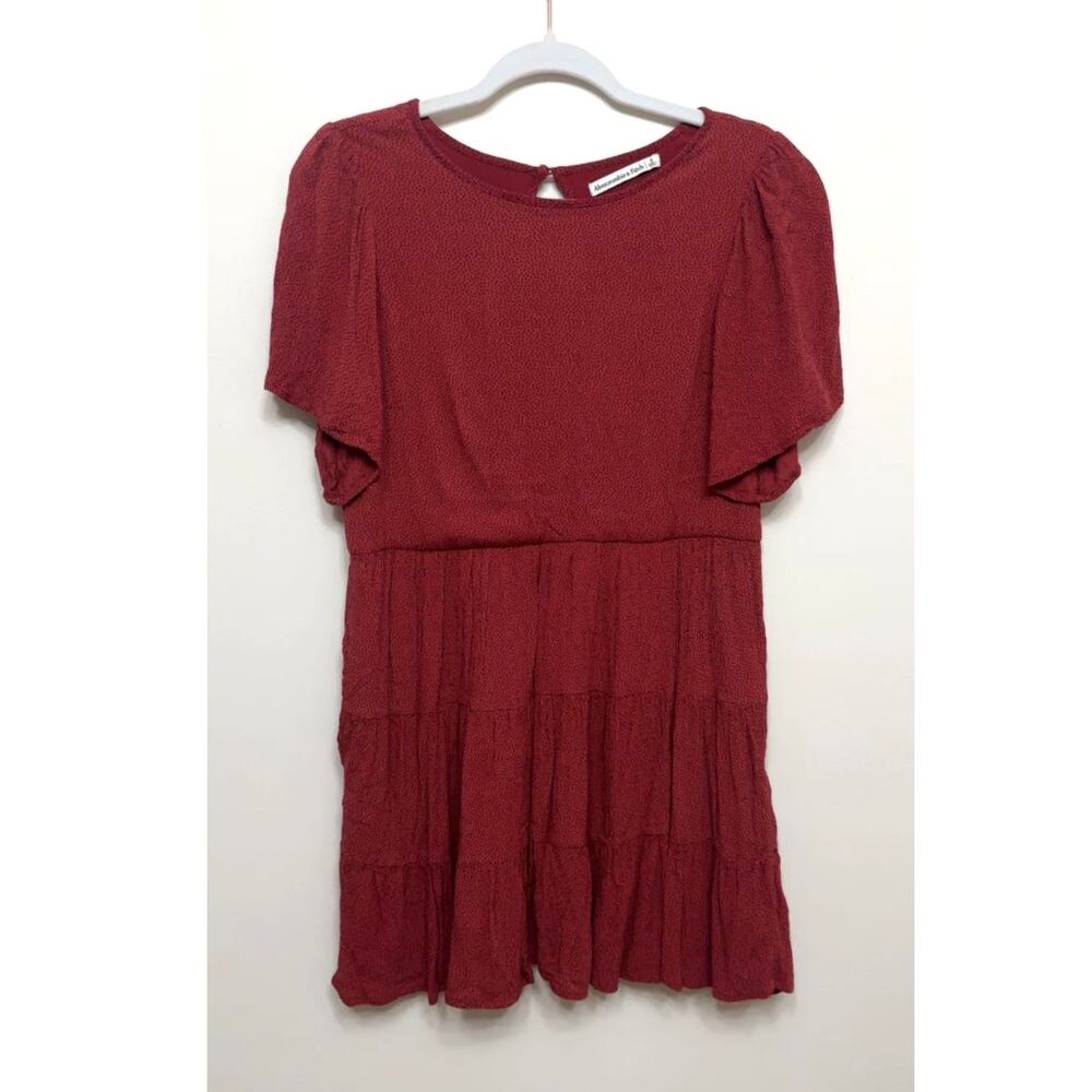 Abercrombie & Fitch Burgundy Micro Dot Tiered Mini Dress Puff Sleeve Babydoll S